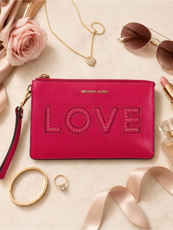 Michael Kors Handbags - Michael Kors LOVE Studded Pink Leather Zip Wristlet Wallet Clutch Card Case
